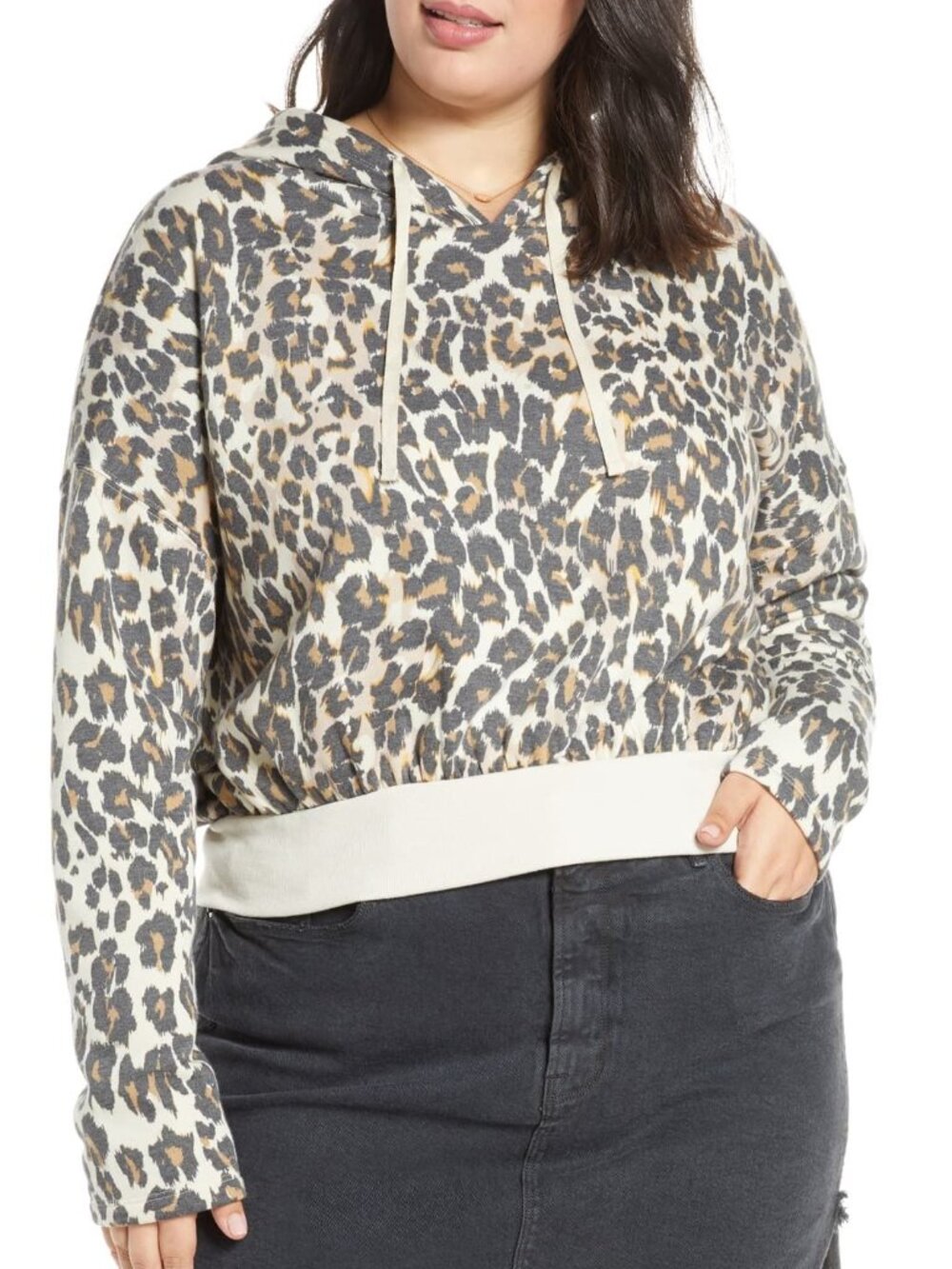 BP Nordstrom Leopard Crop Hoodie Sweatshirt Top Black & Beige Print Size 2X NEW
